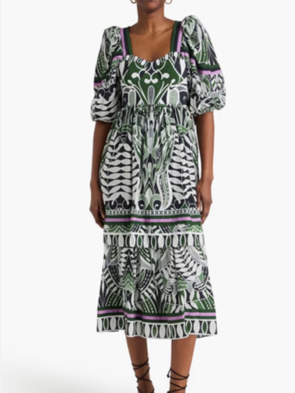FARM Rio Sz XS Dress Lace Nature Midi Green White Anthropologie Vacation Resort